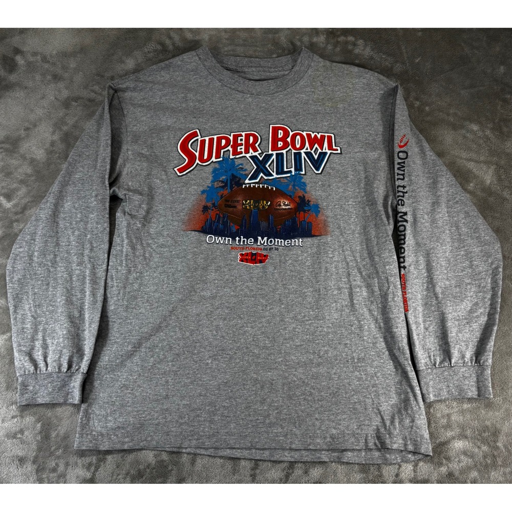 NFL Super Bowl XLIV Long Sleeve Shirt Mens Large Gray Florida 2010 Miami Graphic